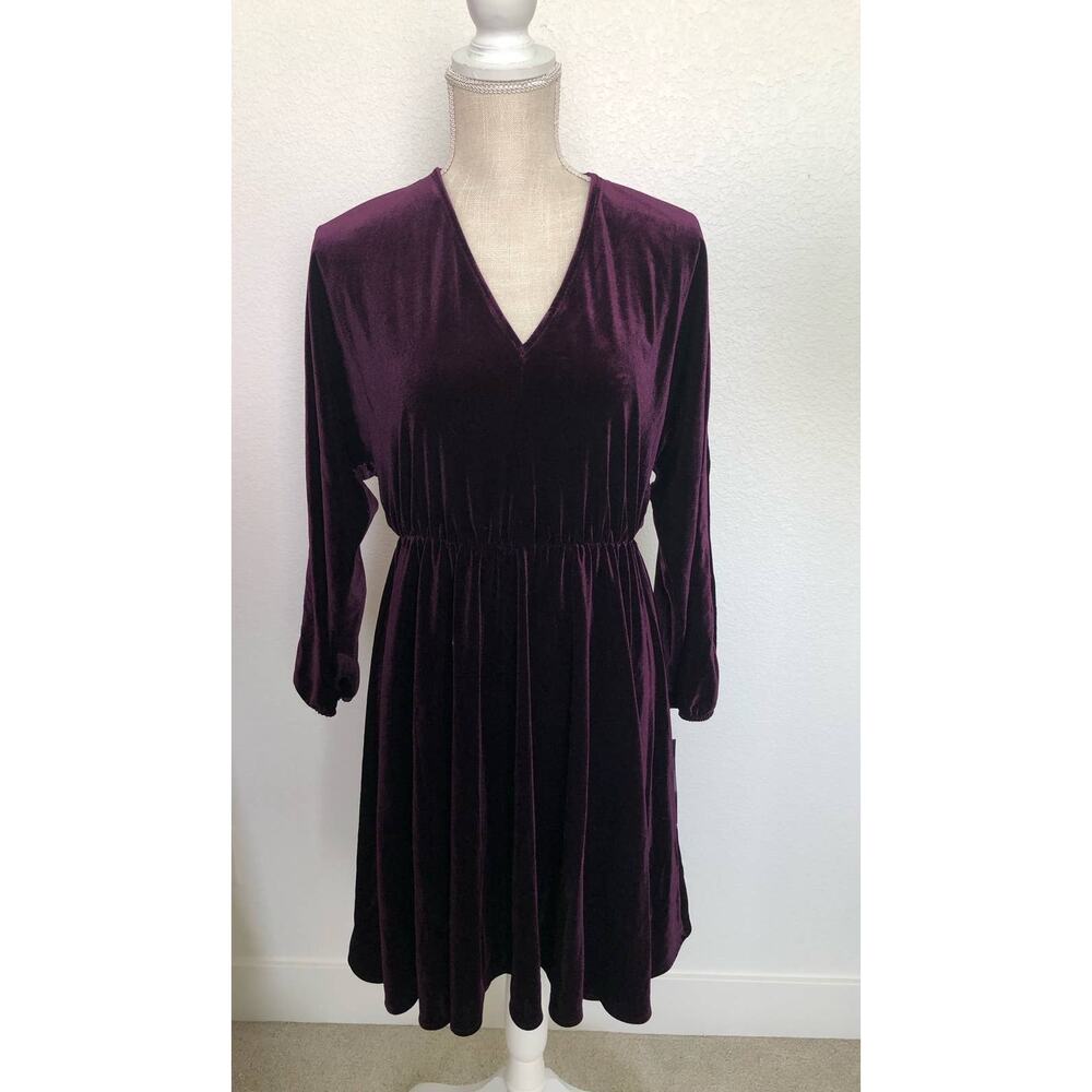 Maggy London V Neck Aubergine Velvet Dolman Long Sleeve Mini Dress - M